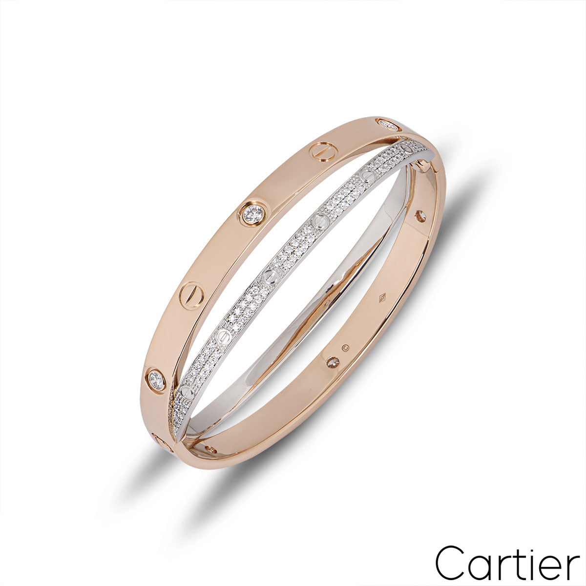 Cartier Rose & White Gold Diamond Pave Double Love Bracelet Size 17 N6039217 Cartier Rose & White Gold Diamond Pave Double Love Bracelet Size 17 N6039217
